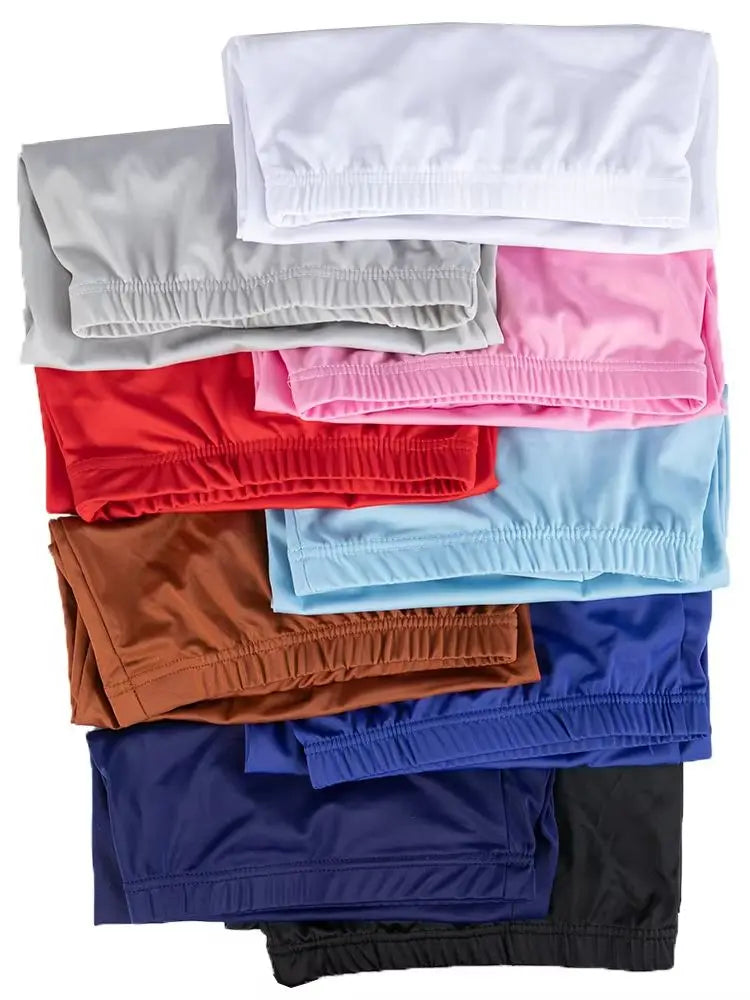 A collection of men's satin hair bonnets in various colors including white, gray, pink, red, blue, and brown.