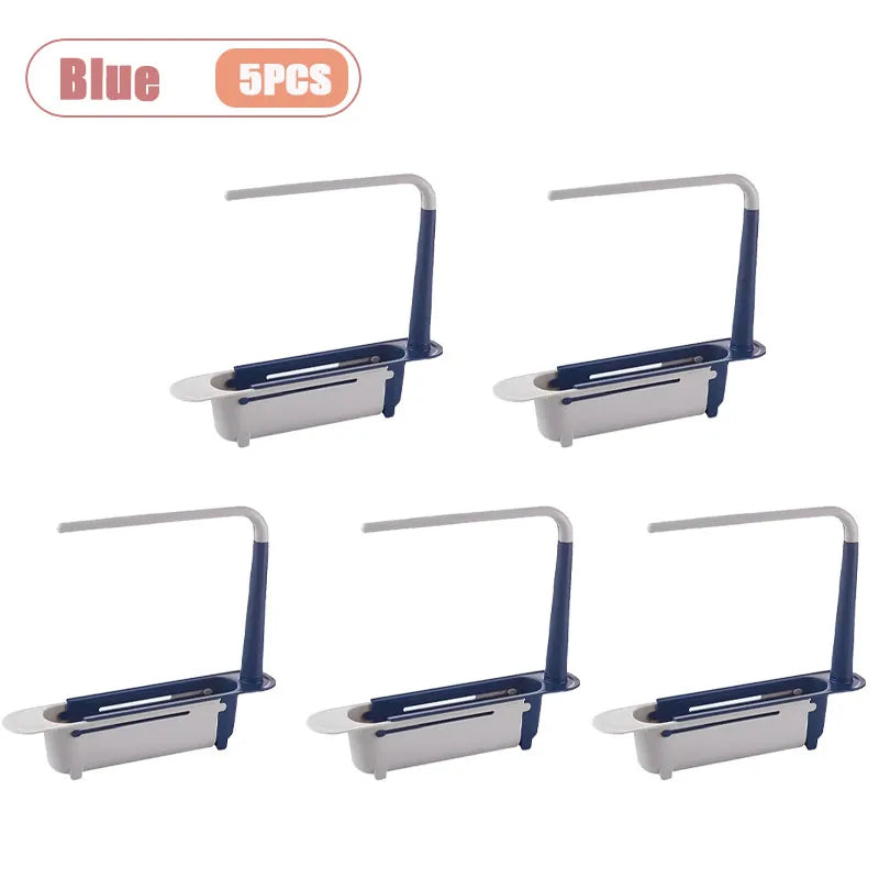 Blue adjustable over-sink dish rack organizer with five pieces shown in various configurations