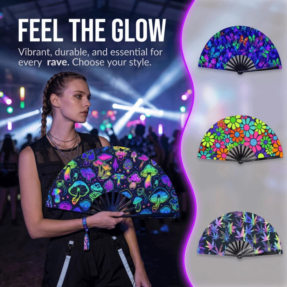 A woman holds a holographic gradient rave hand fan against a blurred background of a vibrant music event.