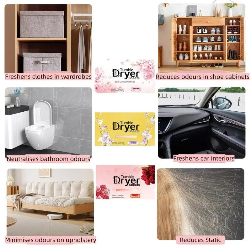 Various products showing dryer sheets used to freshen clothes, shoes, car interiors, and upholstery.