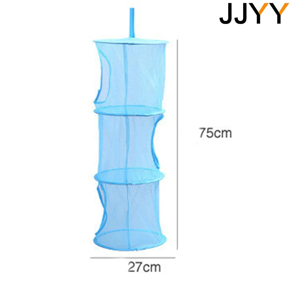 A vertical, multi-layer blue mesh hanging storage organizer with a total height of 75cm and a width of 27cm.