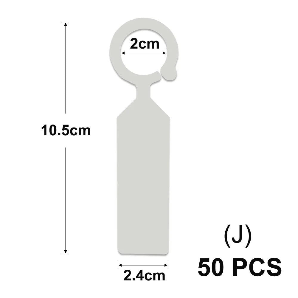 A rectangular plant marker with a loop at the top, measuring 10.5cm high and 2.4cm wide, sold in a pack of 50 pieces.