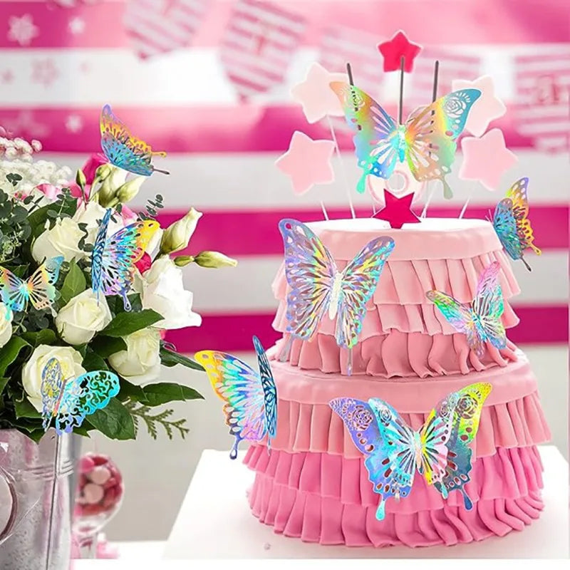A pink tiered cake decorated with edible butterfly toppers and surrounded by white roses.