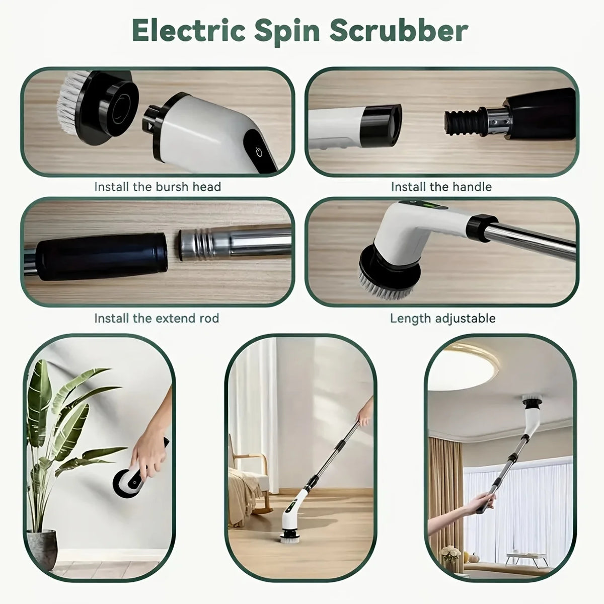 A set of electric spin scrubbers and cleaning brushes shown with installation steps and usage examples.