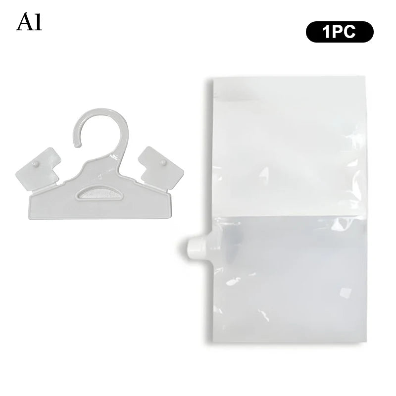 A white reusable moisture absorber bag with a hook for storage
