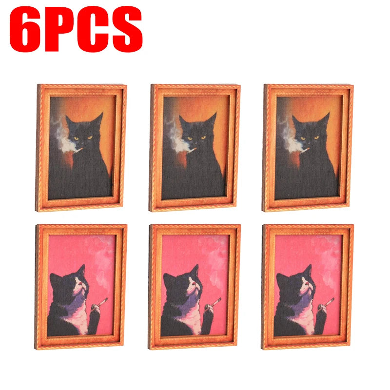 Sechs gerahmte Kunstdrucke von schwarzen Katzen in verschiedenen Stilen und Farben für Home-Dekoration