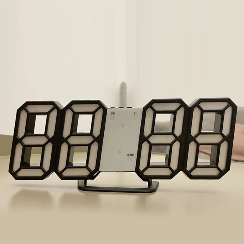 Schwarze 8-stellige LED-digitale Wanduhr mit separatem Panel für Zeit und Temperatur.