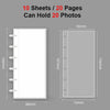 A white photo album or booklet with a spiral binding, showing dimensions and capacity details.