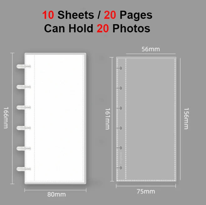 A white photo album or booklet with a spiral binding, showing dimensions and capacity details.