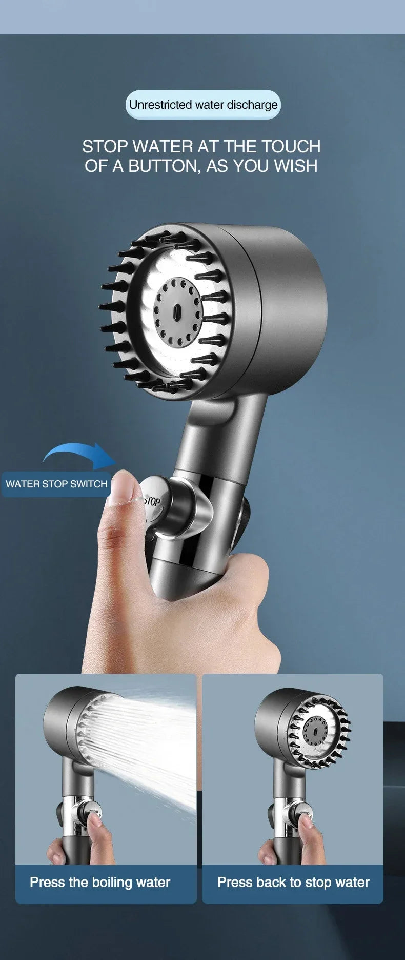 Eine Hand bedient einen Duschkopf mit einem Knopf zum Starten oder Stoppen des Wasserausstoßes.
