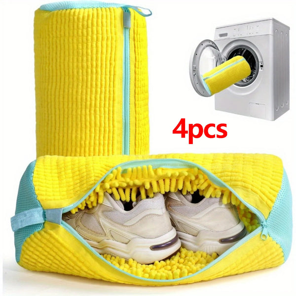 Yellow reusable shoe washing bag with soft bristles and a separate washing unit.