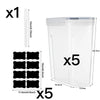 A clear airtight storage box for filament with five black silicone seals and a measuring guide.