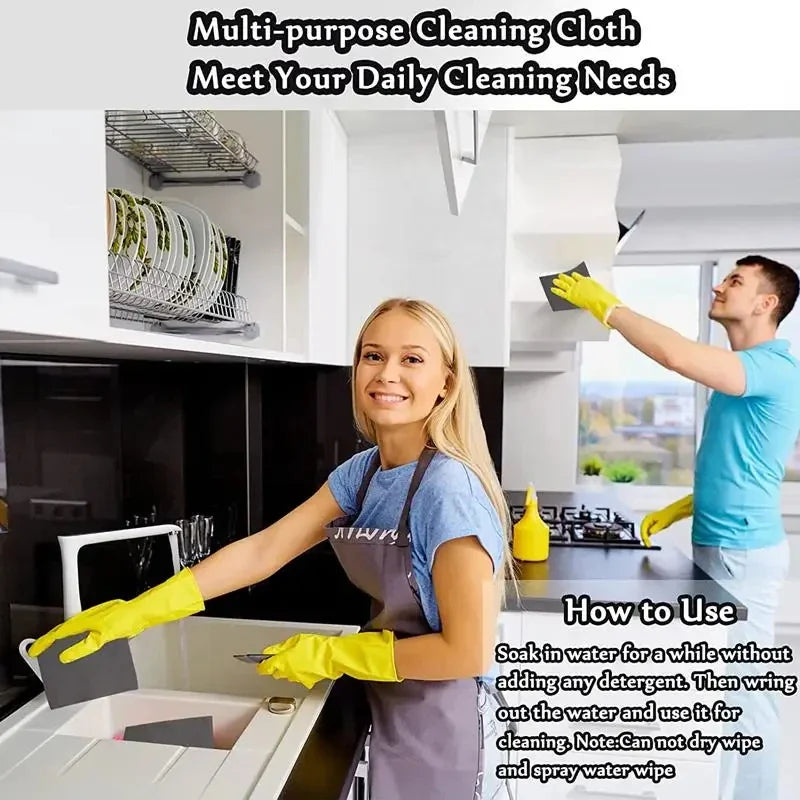 A woman demonstrates how to use a multi-purpose cleaning cloth for daily cleaning needs.