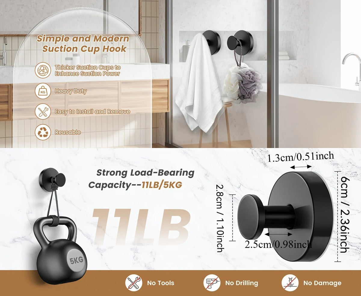 Black suction cup hooks for hanging items, demonstrating strong load-bearing capacity and ease of installation.