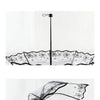 A transparent folding umbrella with a black frame and floral pattern, shown in various open angles.