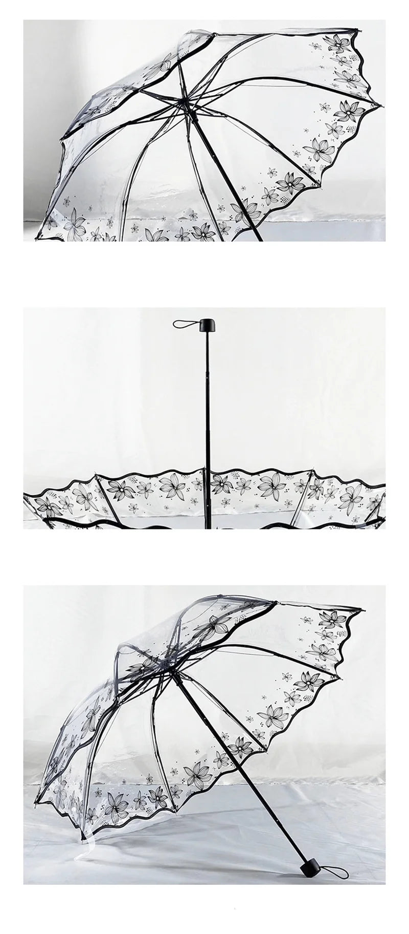 A transparent folding umbrella with a black frame and floral pattern, shown in various open angles.
