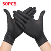 A pair of black heavy duty disposable nitrile work gloves crossed together