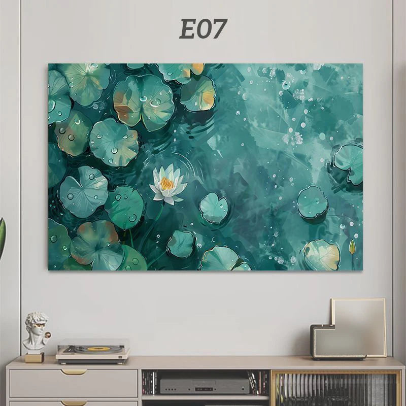 A painting featuring teal and green aquatic leaves and soft light, displayed on a white wall.