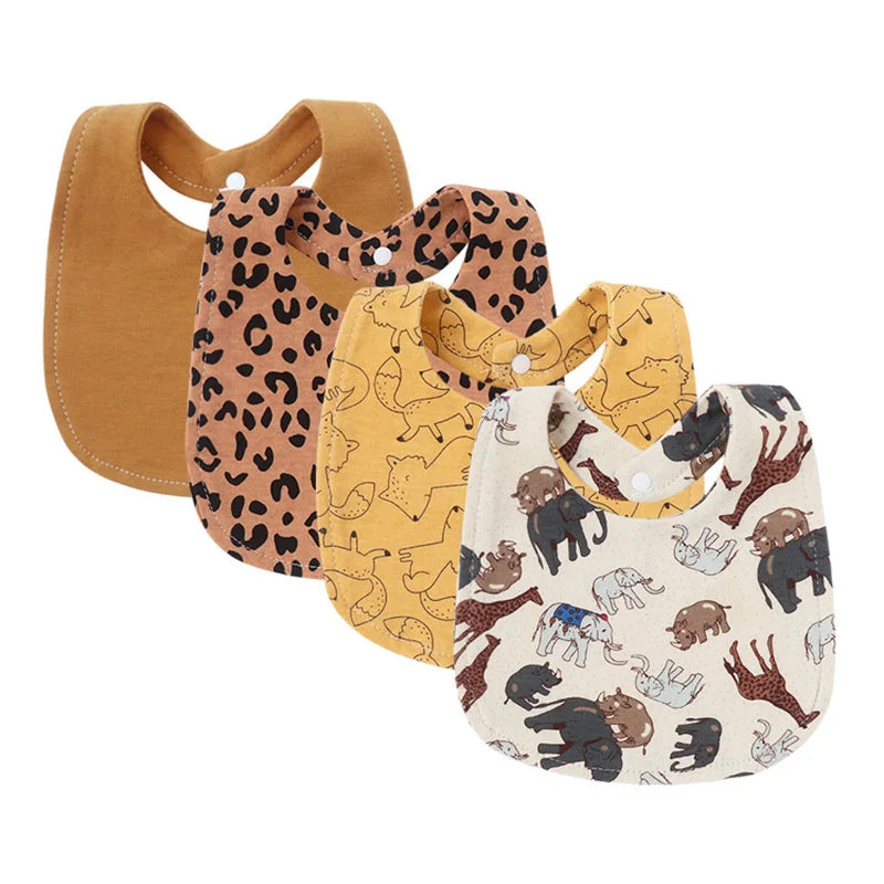 A pack of four soft cotton baby bibs featuring various cute animal prints and solid colors.