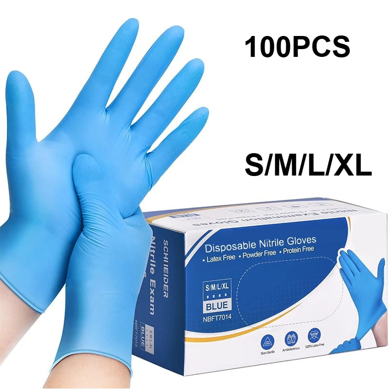 A box of 100 pairs of blue disposable nitrile safety gloves in sizes S/M/L/XL