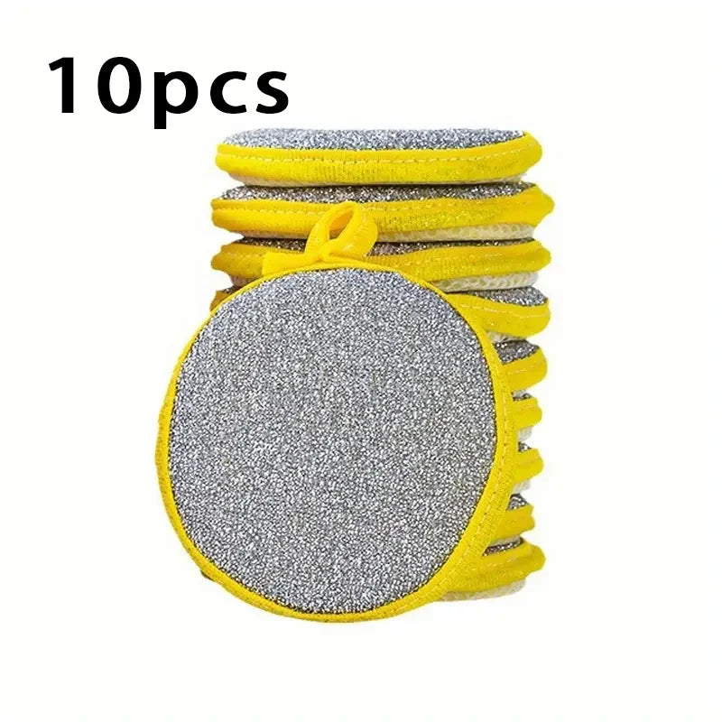 A set of 10 reusable double-sided dishwashing sponges in yellow and gray.