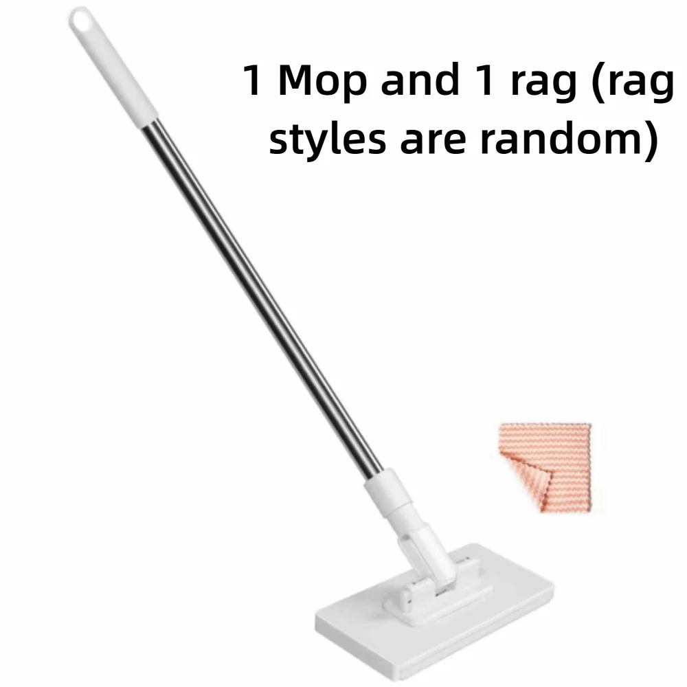A white hands-free mop with a rotating head and a cleaning pad is shown next to a folded cloth.