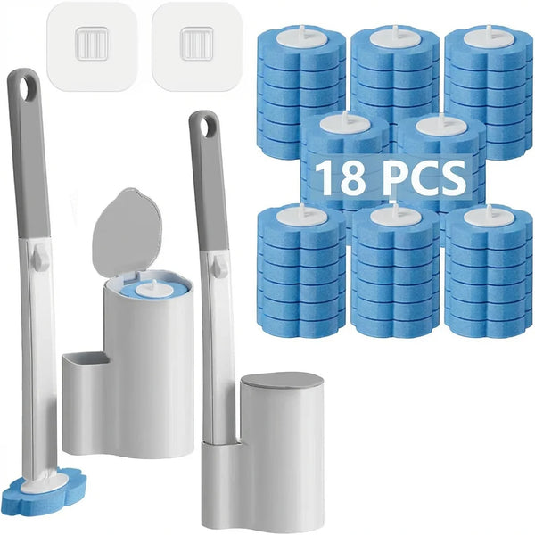 A set of disposable toilet brush and holder with multiple brushes and cleaning tools.