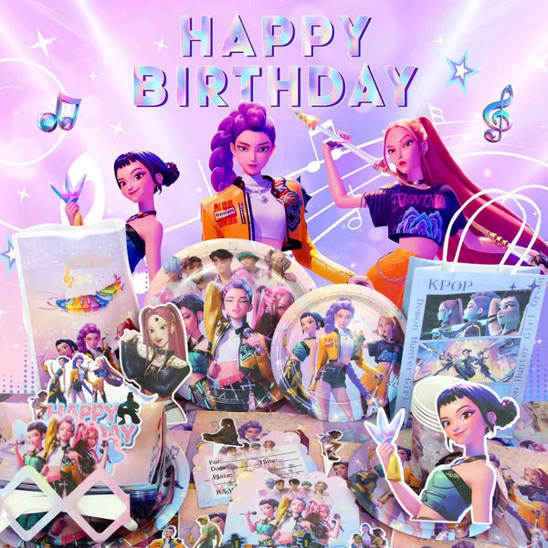 A colorful birthday party decoration set featuring cartoon music themes and characters.