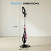 A handheld steam mop with a black and pink design is shown against a white wall, with dimensions labeled.
