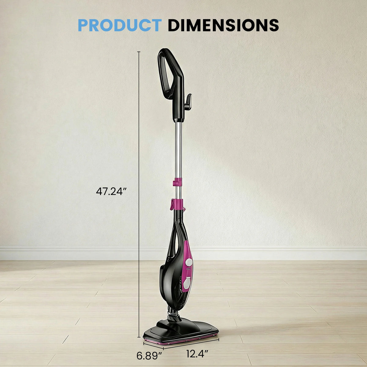 A handheld steam mop with a black and pink design is shown against a white wall, with dimensions labeled.