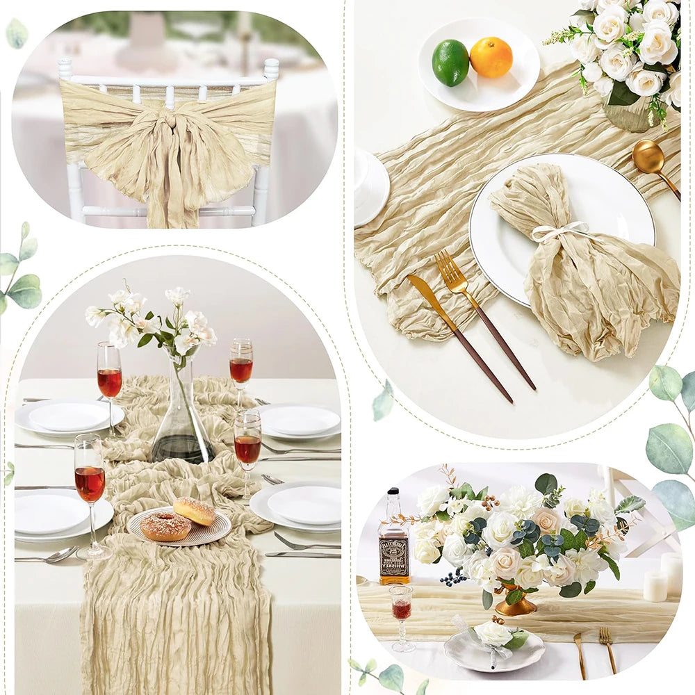 A beige boho sheer table runner draped over a white tablecloth with floral accents and natural elements.