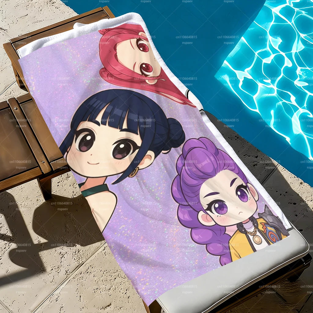 A purple glitter chibi anime beach towel featuring two cute female characters