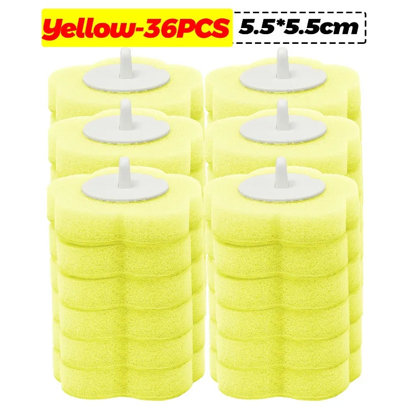 A pack of 36 yellow disposable toilet cleaning foam sponges, measuring 5.5x5.5 cm each.