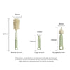 A set of three silicone brushes: bottle brush, cup brush, and nipple brush, shown with their dimensions.