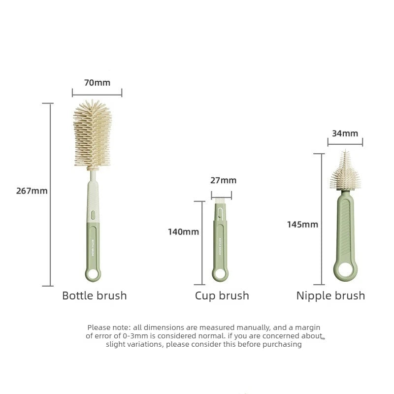 A set of three silicone brushes: bottle brush, cup brush, and nipple brush, shown with their dimensions.