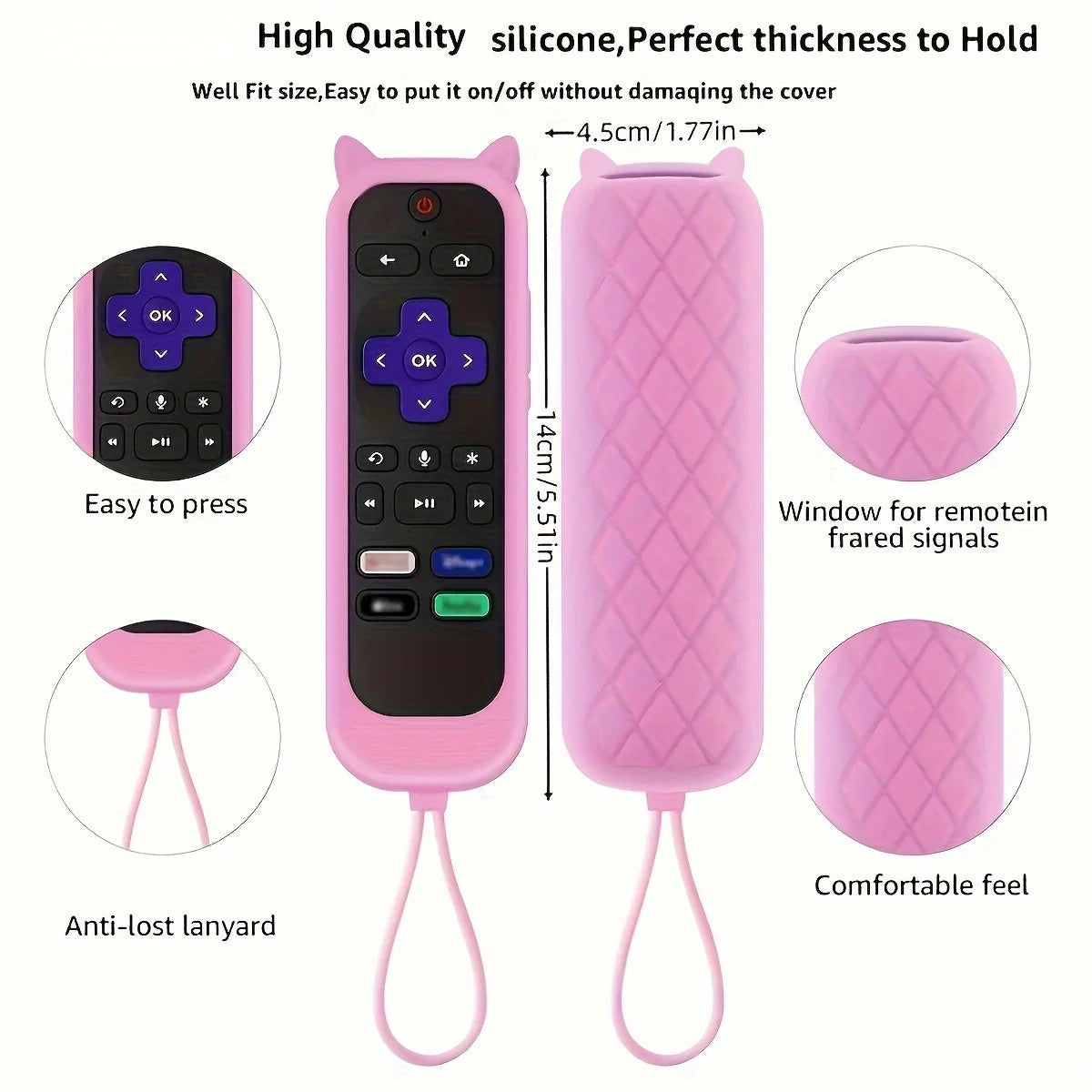 Pink silicone cat ears remote cover with a light-up button and lanyard for Roku TV
