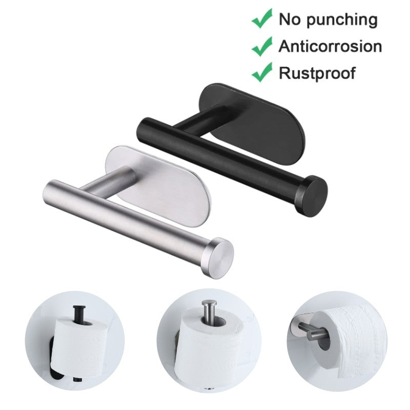 Black and silver wall mounted toilet paper holder with a roll of toilet paper visible