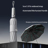 A white umbrella with a widened strap and automated mechanized handle is shown next to an open black umbrella.