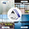 A dual-sided magnetic window cleaner is shown with various architectural contexts including a bathroom, door, and high-rise b