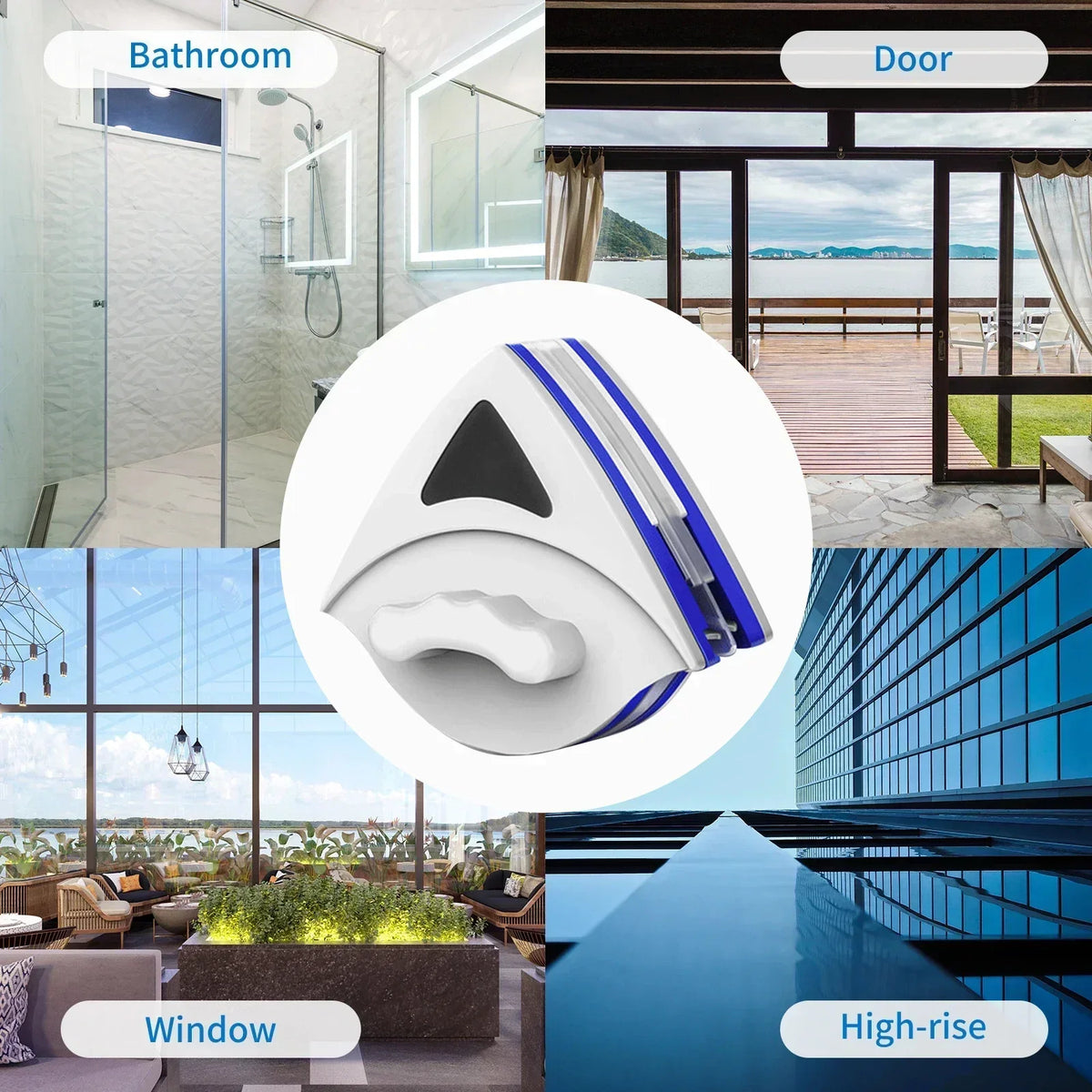 A dual-sided magnetic window cleaner is shown with various architectural contexts including a bathroom, door, and high-rise b