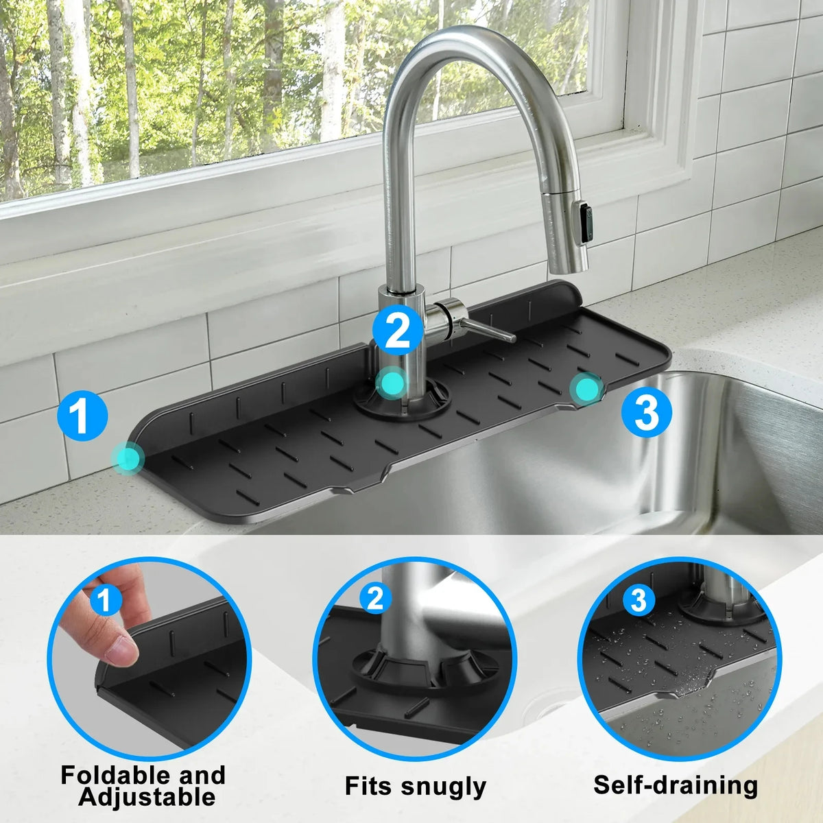 A close-up view of a silicone faucet splash guard mat with a flexible design shown in installation and usage context.