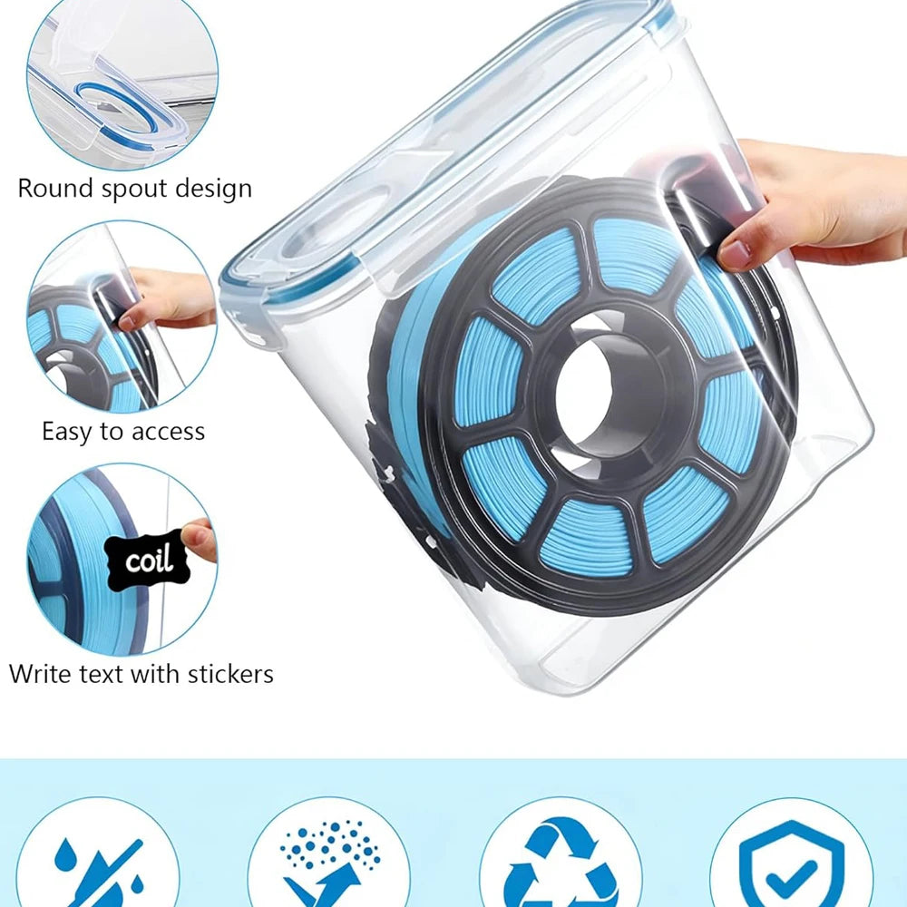 Clear airtight filament storage box with round spout design and coil for 3D printers
