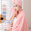 A pink three-piece set of extra large bath towels is displayed on a person, with color options shown in the background.