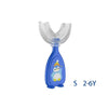 Blue silicone U-shaped toothbrush with a clear head for children aged 2 to 6 years.