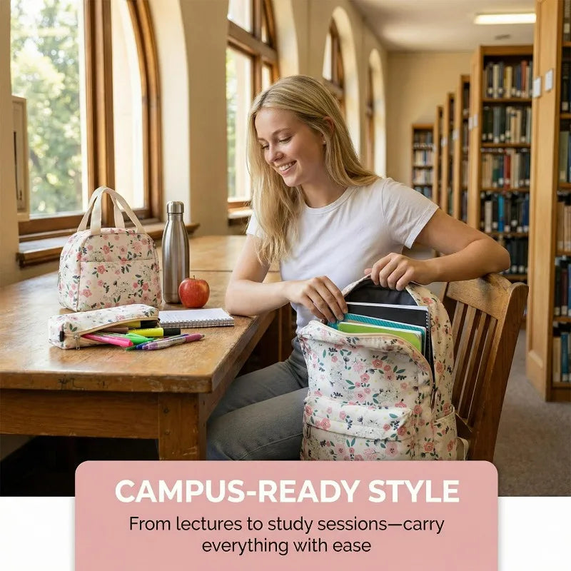 A young woman sits at a wooden table with a floral print backpack, matching handbag, and pencil case in a bright room.