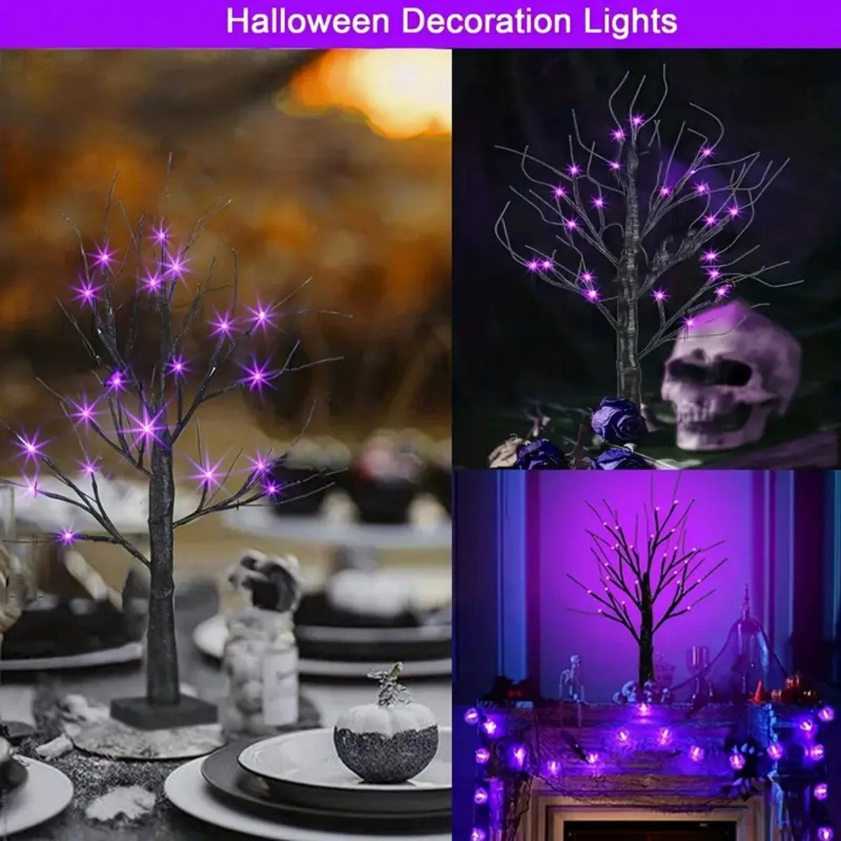 Dekorativer Birkenbaumleuchte mit lila und orangefarbenen LED-Lichtern, der einen Schädel und Halloween-Dekoration beleuchtet