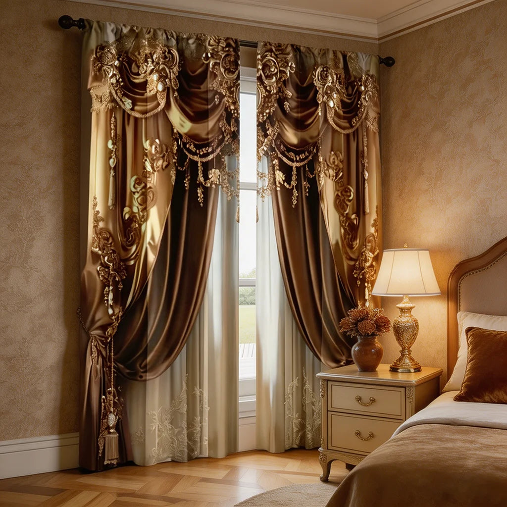 A set of two luxurious brown and gold Baroque print curtains hanging in a bedroom window.