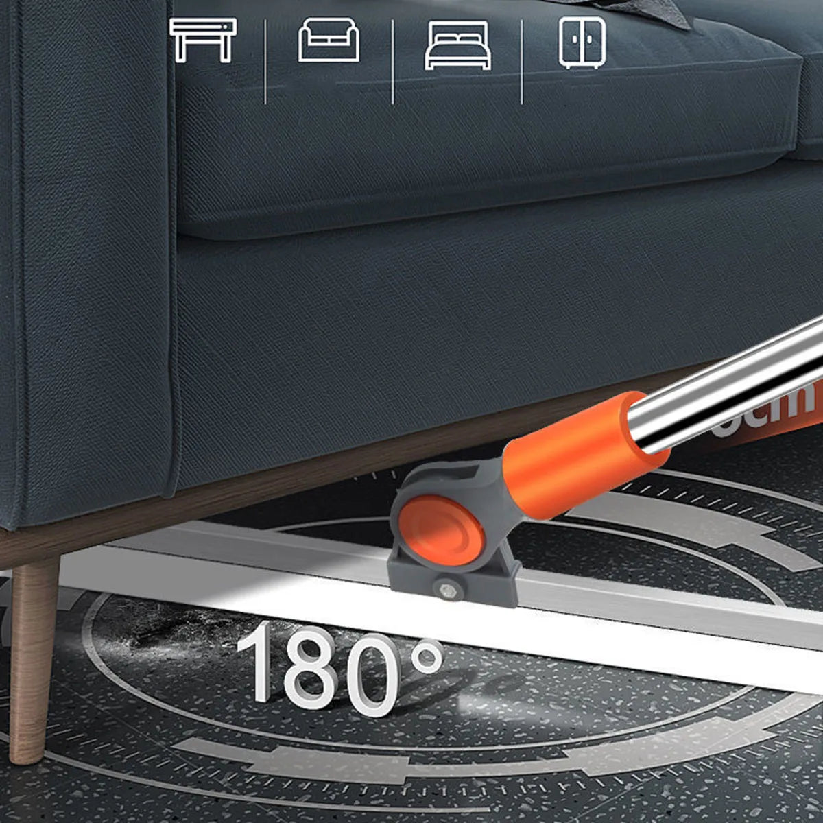 Silicone squeegee broom with an aluminum handle positioned at 180 degrees on a dark surface.