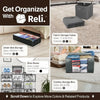 A collection of stackable clear plastic shoe storage boxes in various sizes and colors shown on a white surface.