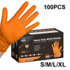 A box of 100 pairs of orange heavy duty nitrile gloves with a hand wearing one glove.